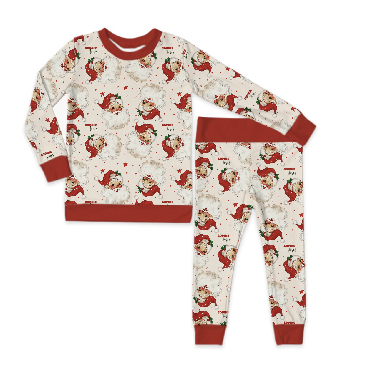 Old Saint Nick Christmas Red Trim Long Sleeve Jersey Jams – Two-Piece Loungewear Set