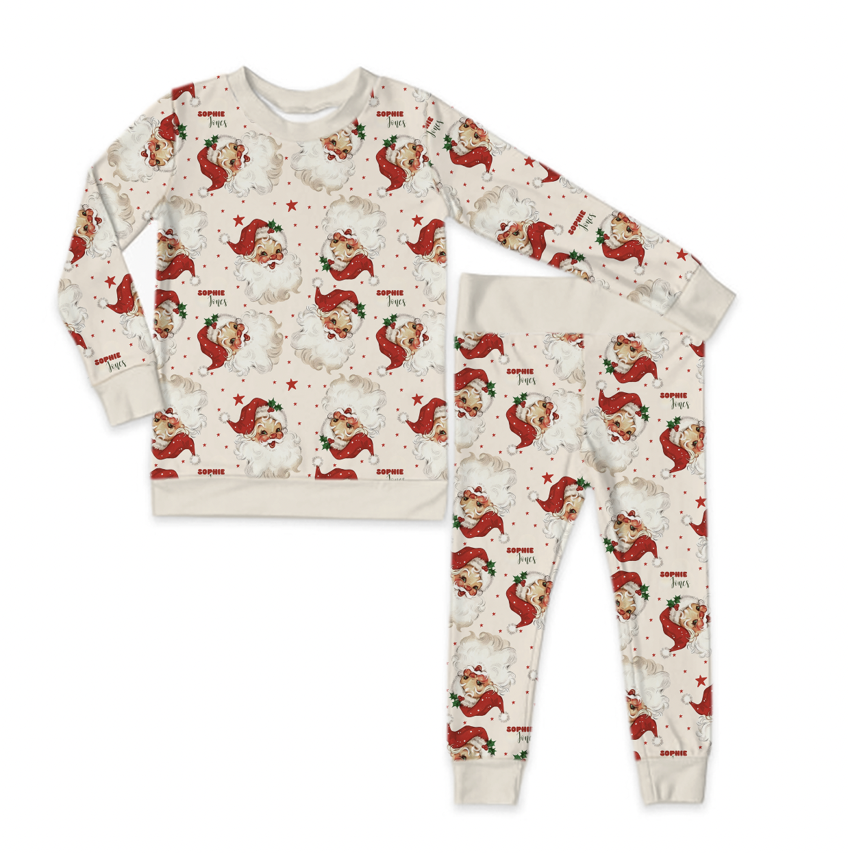 Old Saint Nick Christmas Beige Trim Long Sleeve Jersey Jams – Two-Piece Loungewear Set