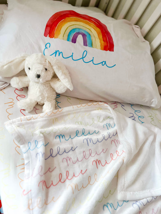 Rainbow Pastels Doodle Font Build Your Own Personalized Twin Bedding Set – Sheets & Pillowcase Options