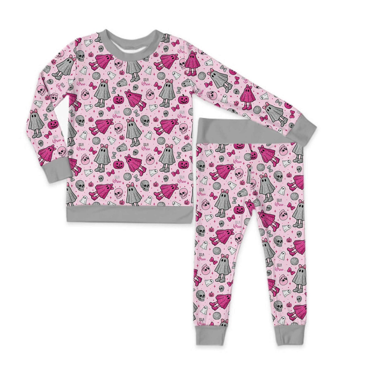 Scary Cute Halloween Long Sleeve Grey Trim Jersey Jams – Two-Piece Loungewear Set