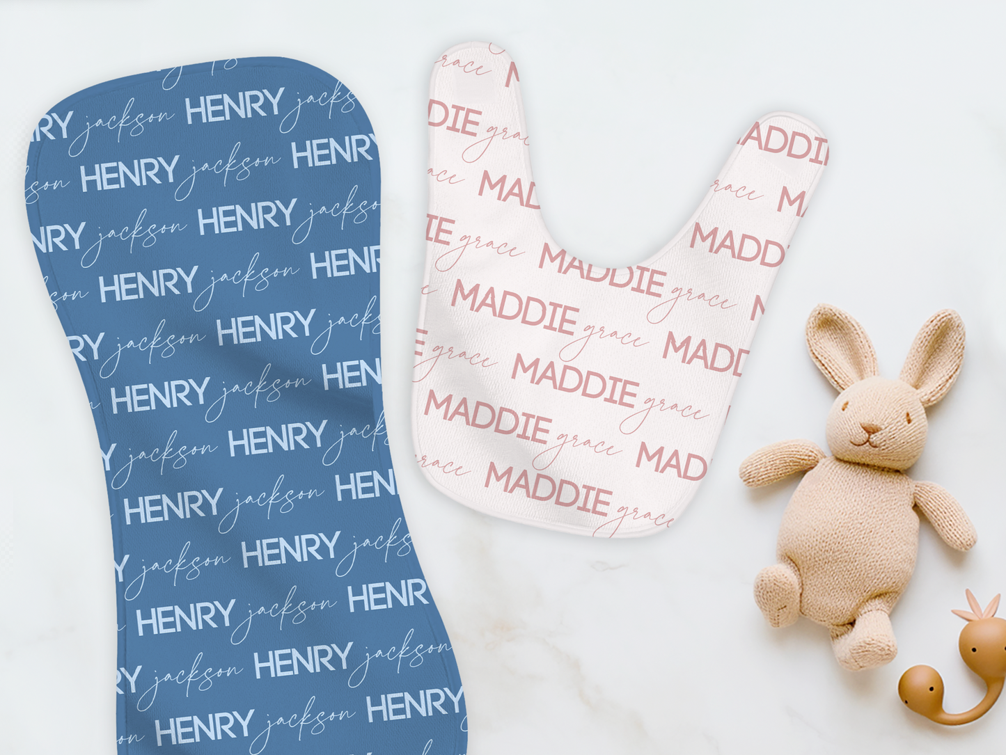 Solid Color Script & Block Font Personalized Name Burp Cloth & Bib