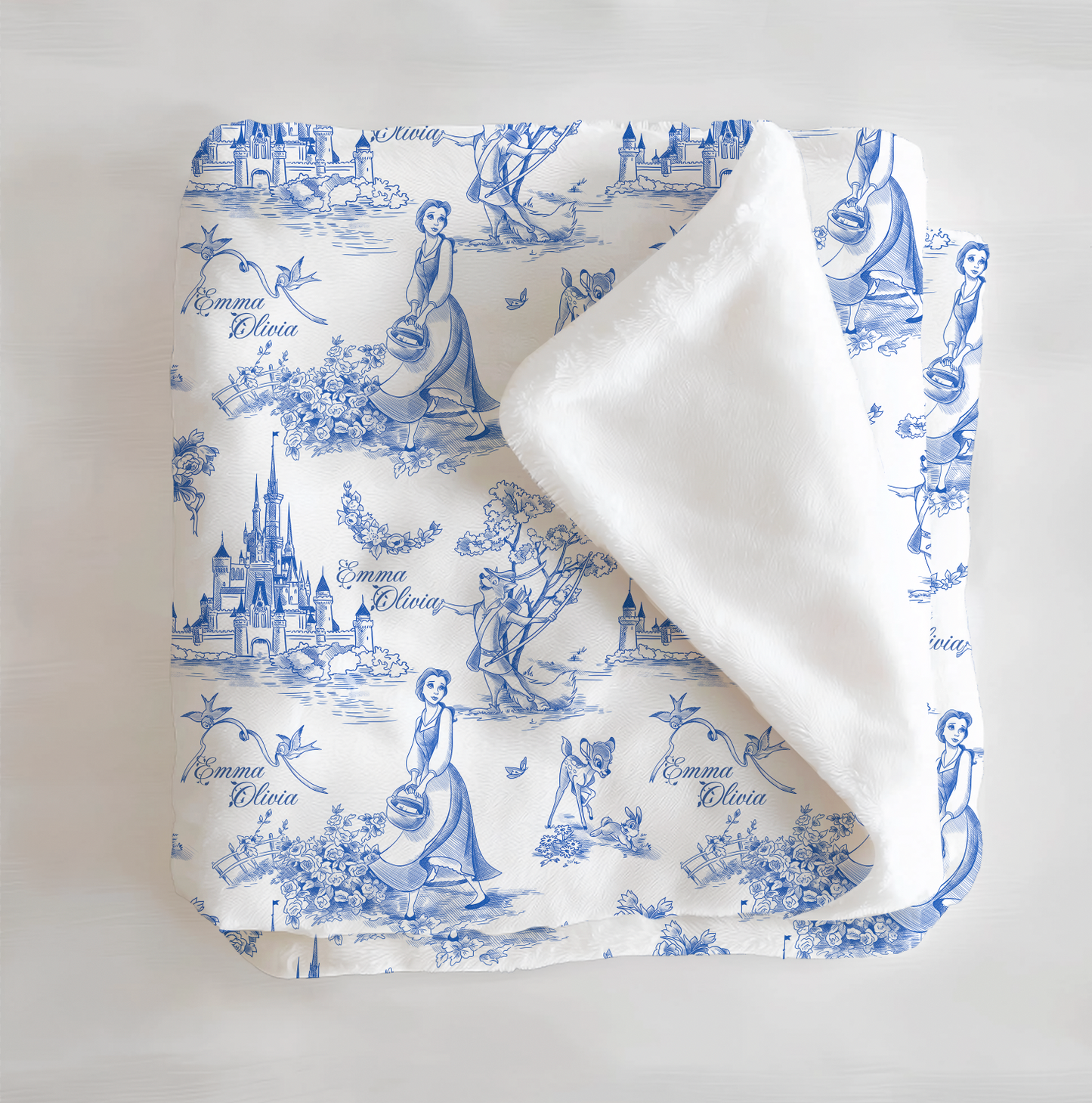 Tale As Old As Time Blue Toile Personalized Minky Blanket