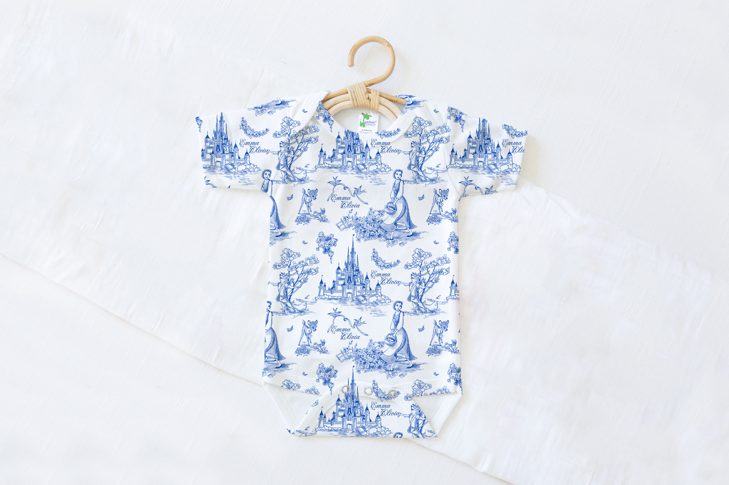 Tale As Old As Time Blue Toile Personalized Name Baby Bodysuit