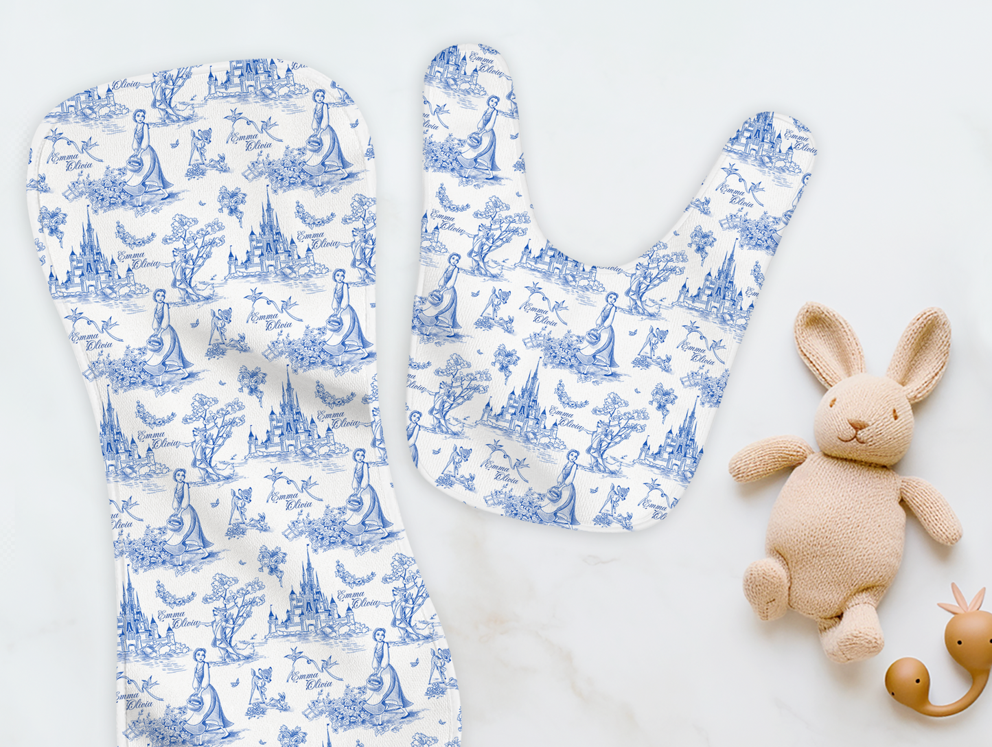 Tale As Old As Time Blue Toile Personalized Name Burp Cloth & Bib