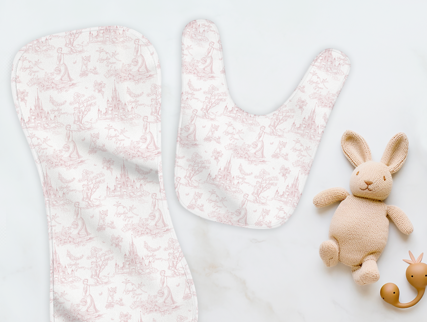 Tale As Old As Time Pink Toile Personalized Name Burp Cloth & Bib