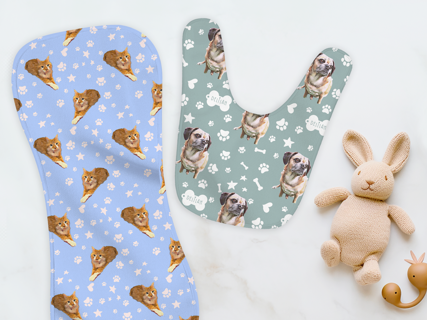 Upload Your Pet! Personalized with Custom Pet Cartoon & Personalized Name Burp Cloth & Bib