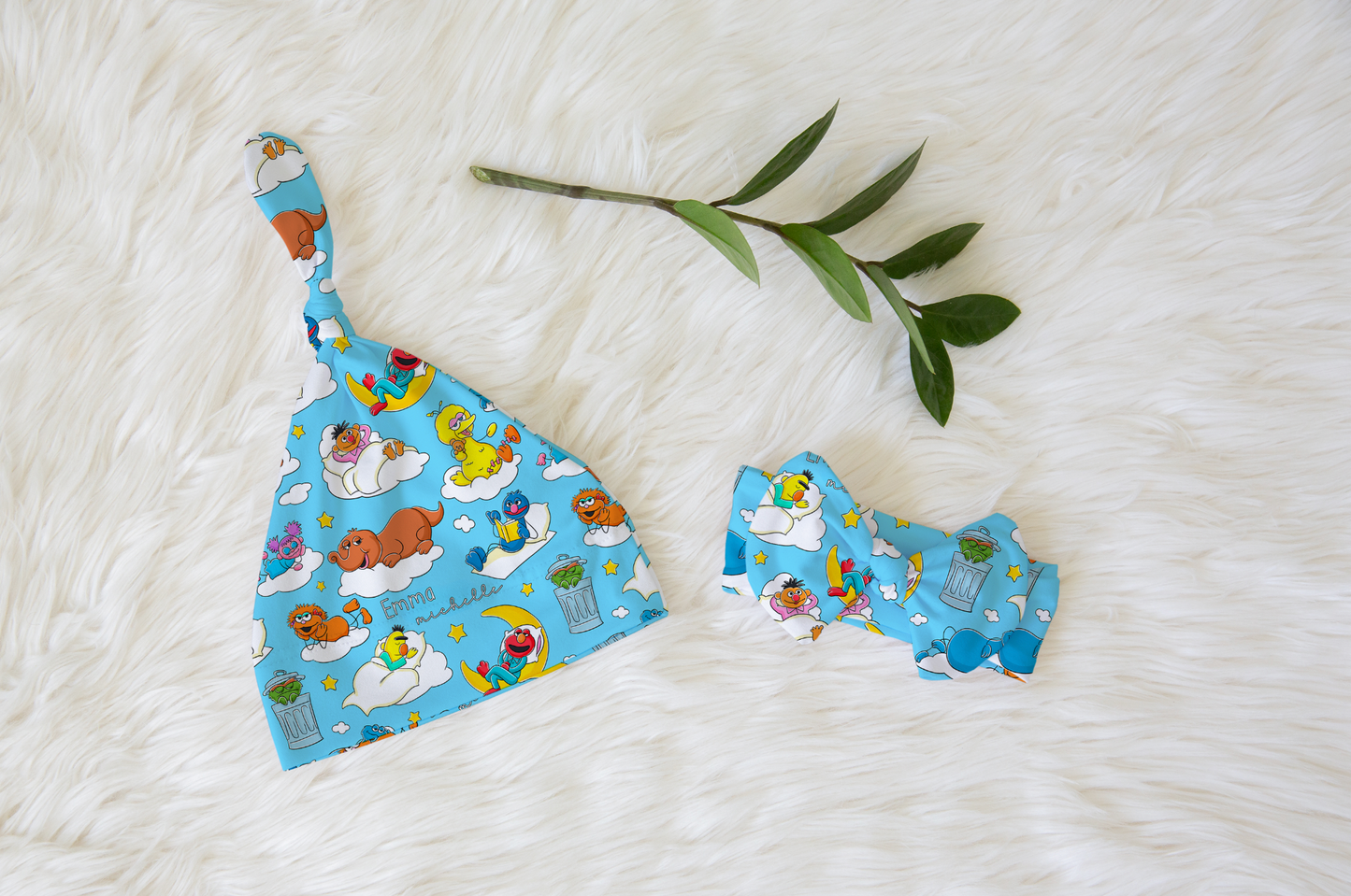 Snoozy Street Personalized Name Knotted Newborn Hat & Bow Headband