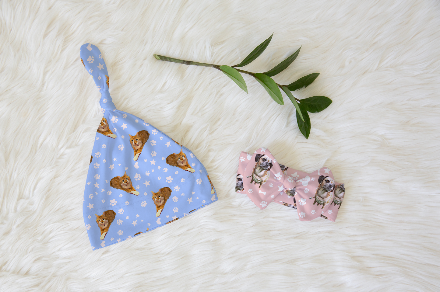 Upload Your Pet! Personalized with Custom Pet Cartoon & Name Knotted Newborn Hat & Bow Headband