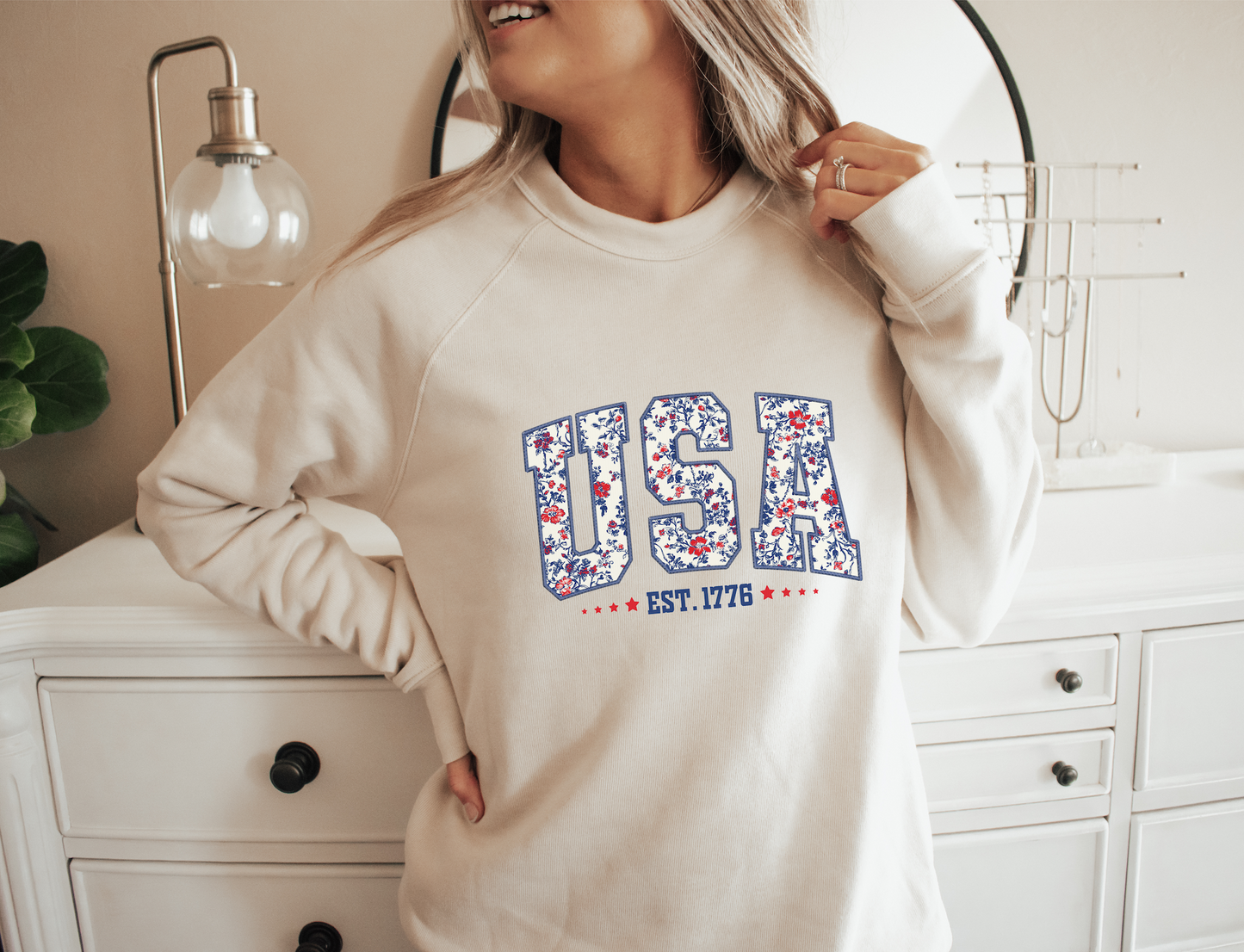 USA Floral Raglan Crewneck Women's Sweatshirt | Heather Dust