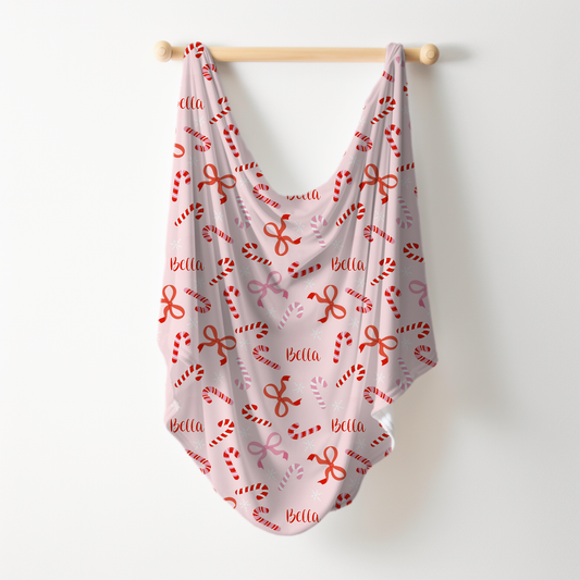 Peppermint Bows Christmas Personalized Name Swaddle Blanket