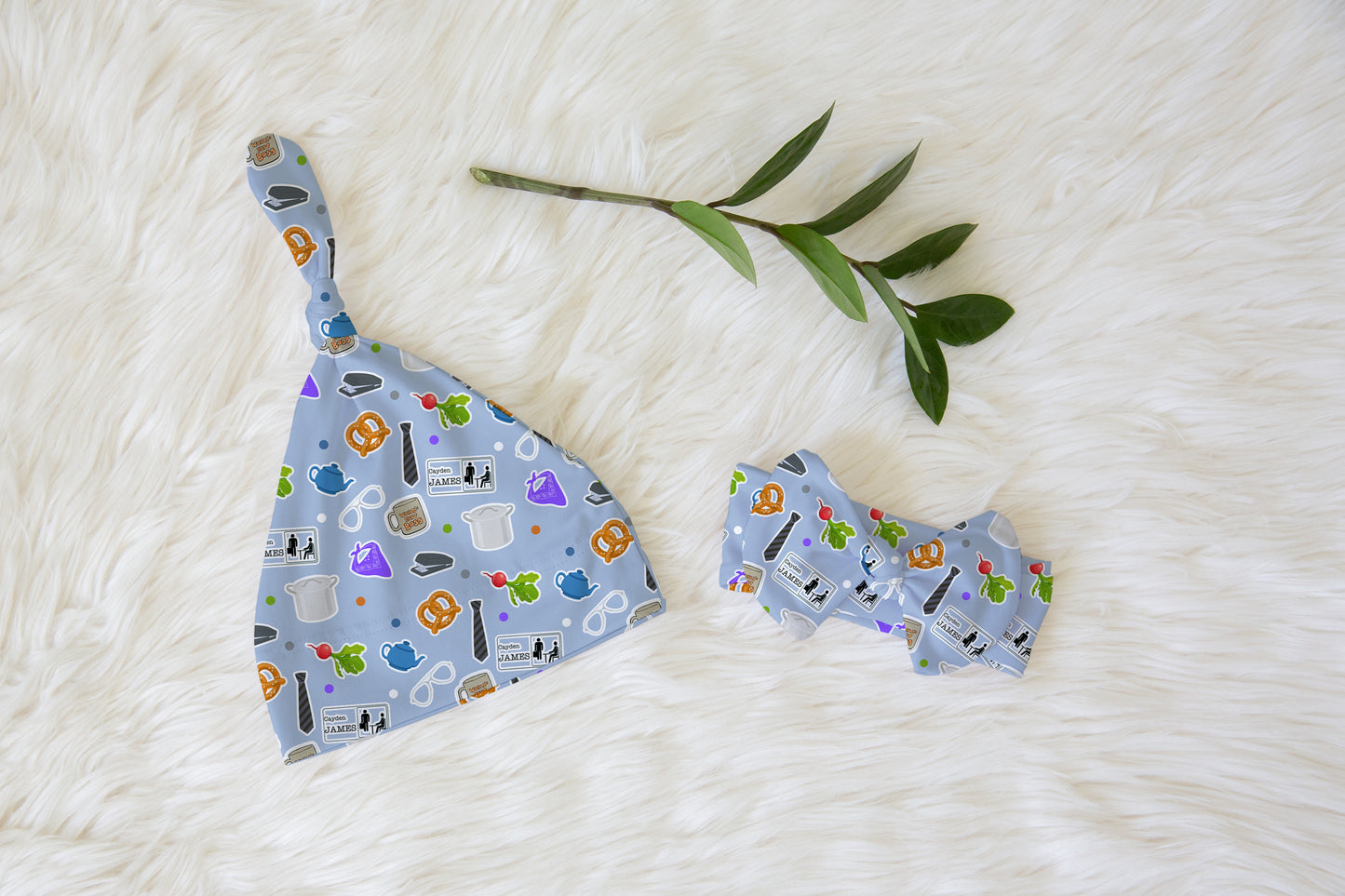 Paper Business Personalized Name Knotted Newborn Hat & Bow Headband