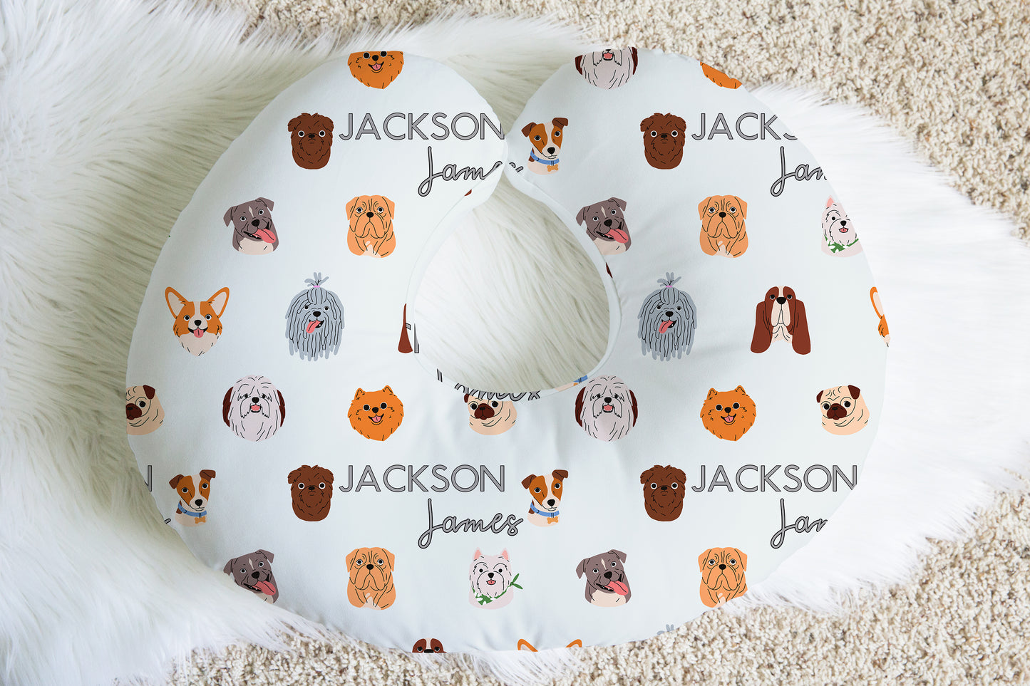 Dog Faces Personalized Baby Name Nursing Pillow Cover