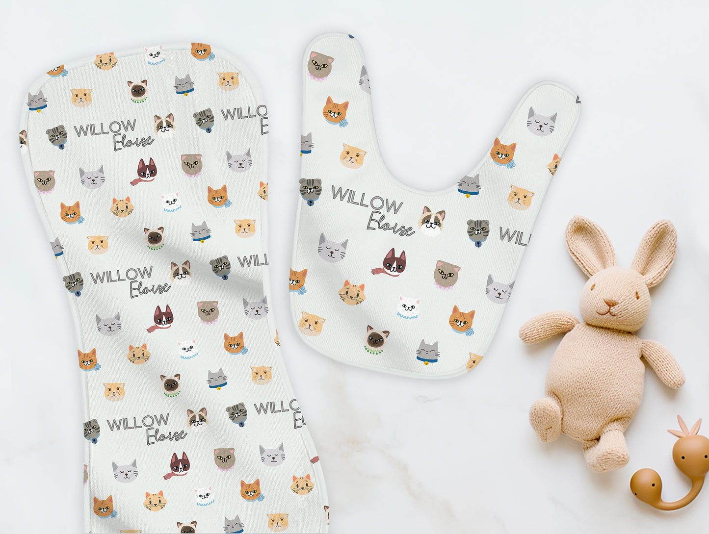 Cat Faces Personalized Name Burp Cloth & Bib