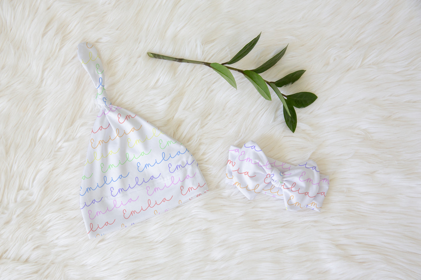 Rainbow Pastels Doodle Font Personalized Name Knotted Newborn Hat & Bow Headband