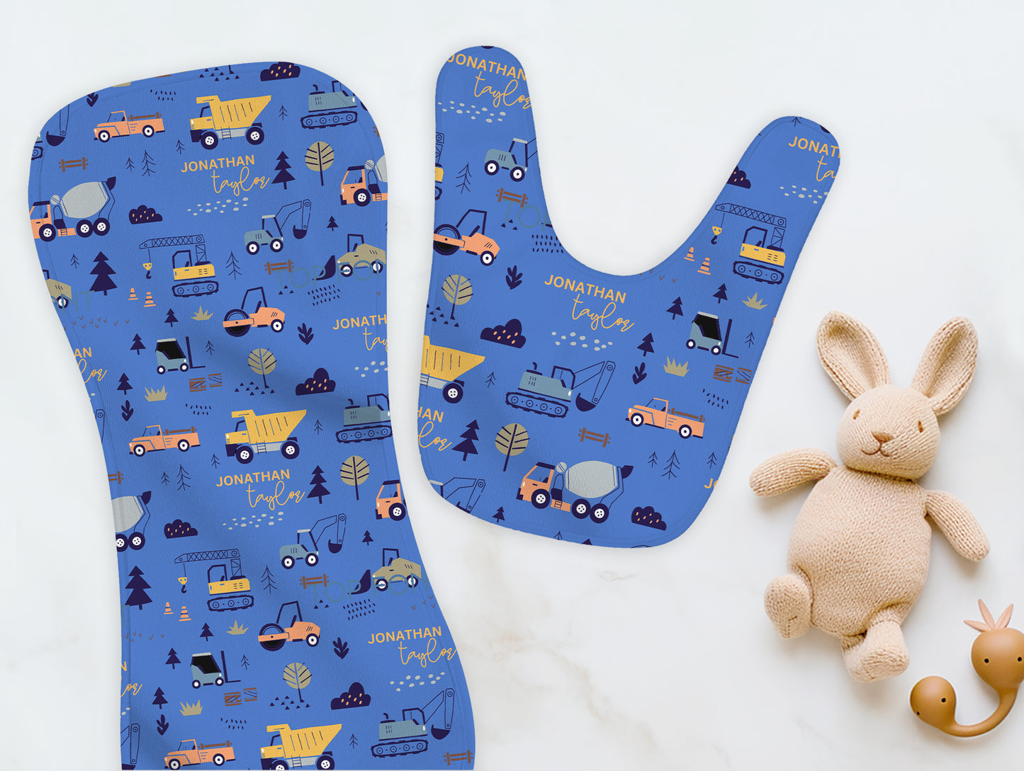 Boy Construction Personalized Name Burp Cloth & Bib