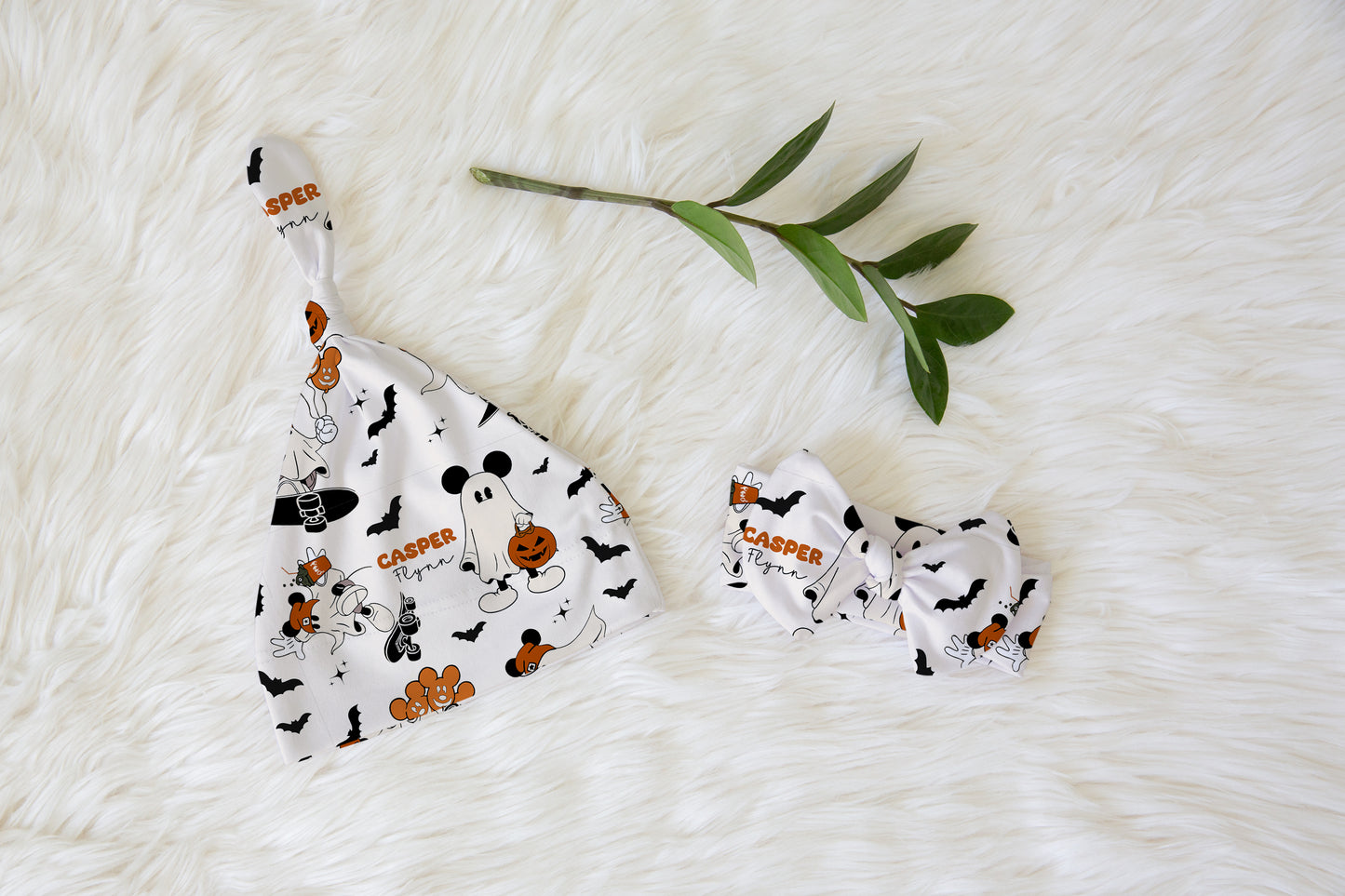 Boo Crew Halloween Personalized Name Knotted Newborn Hat & Bow Headband