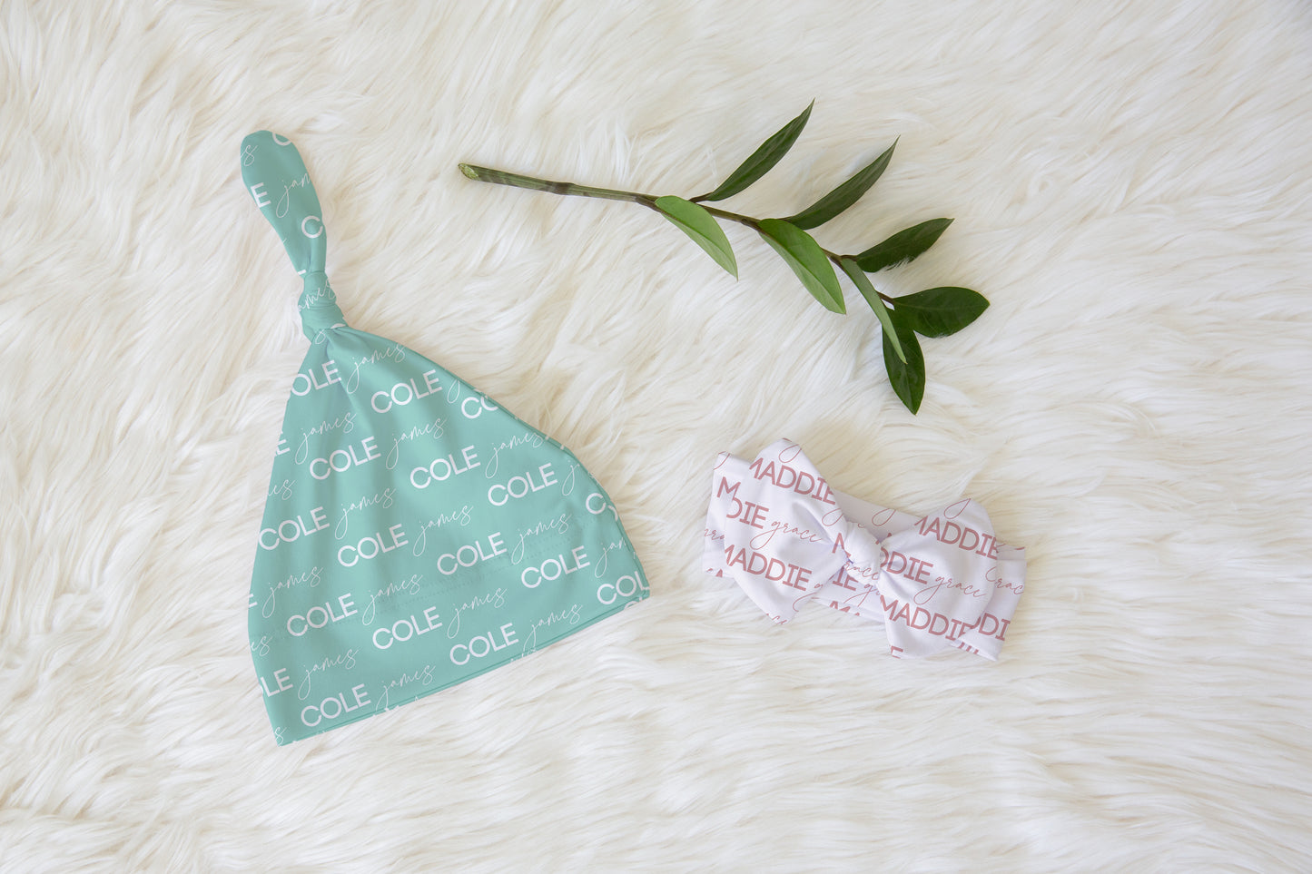 Solid Color Script & Block Font Personalized Name Knotted Newborn Hat & Bow Headband