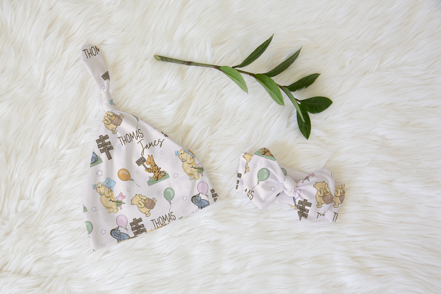 Hundred Acre Woods Personalized Knotted Newborn Hat & Bow Headband