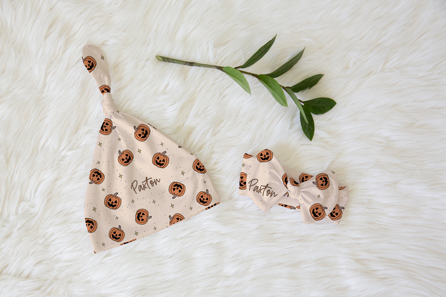 Pumpkin Halloween Personalized Knotted Newborn Hat & Bow Headband