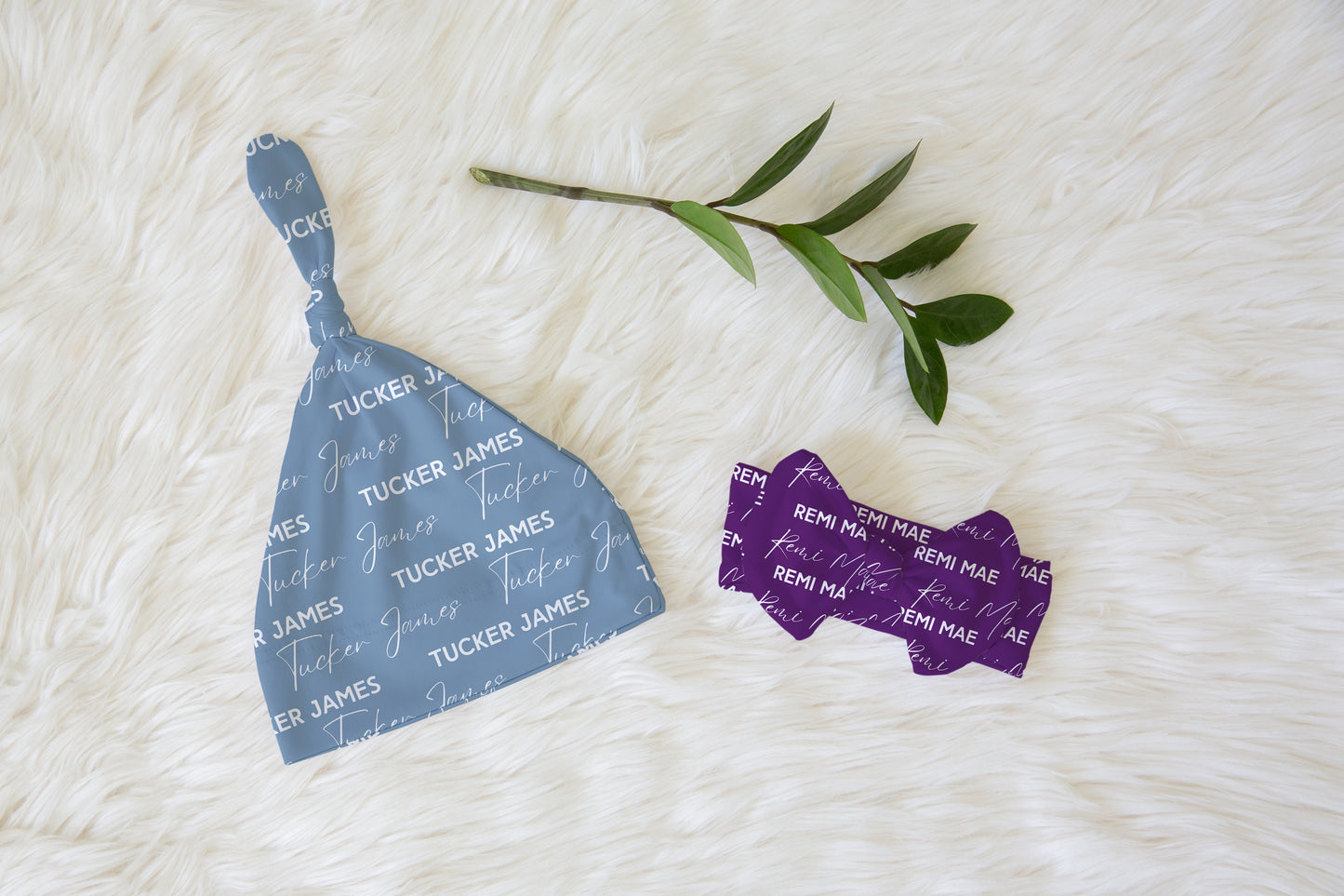 Solid Color Stacked Font Personalized Name Knotted Newborn Hat & Bow Headband