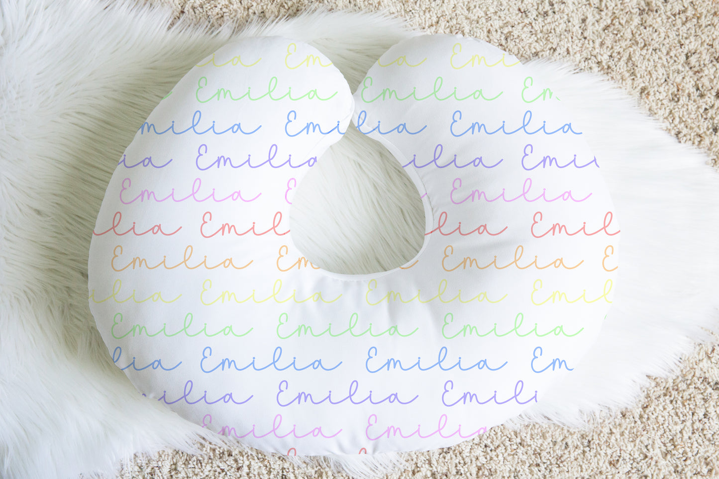 Rainbow Pastels Doodle Font Personalized Name Nursing Pillow Cover