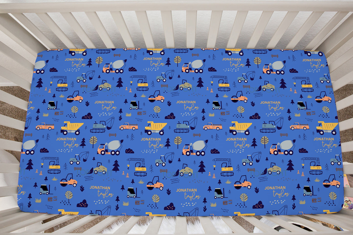 Boy Construction Personalized Crib Sheet