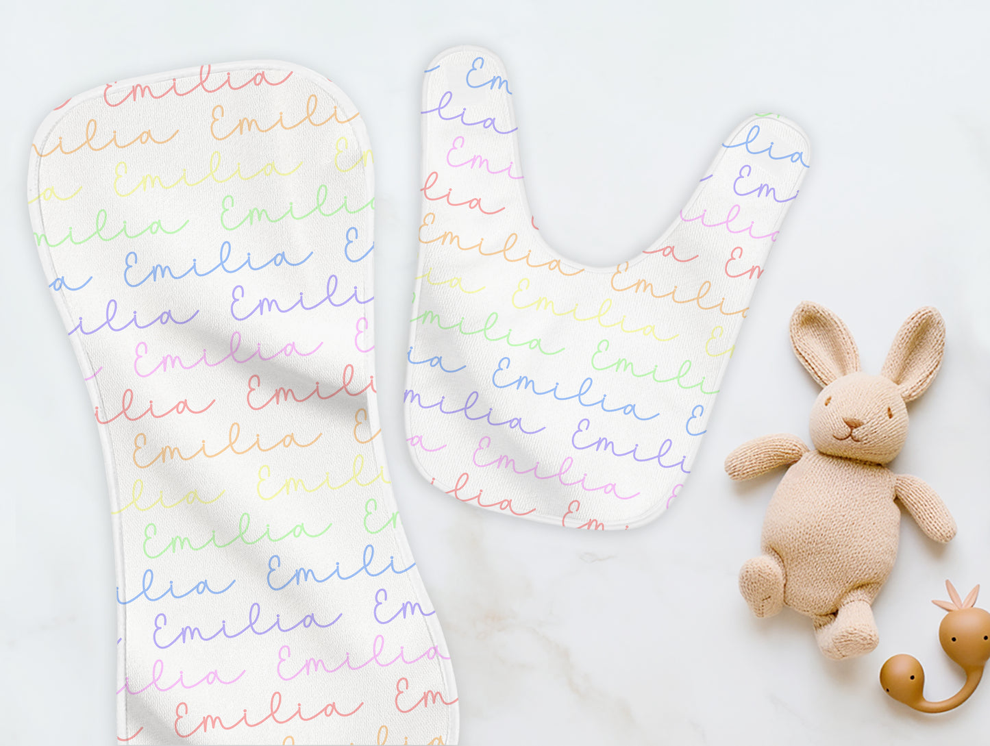 Rainbow Pastels Doodle Font Personalized Name Burp Cloth & Bib