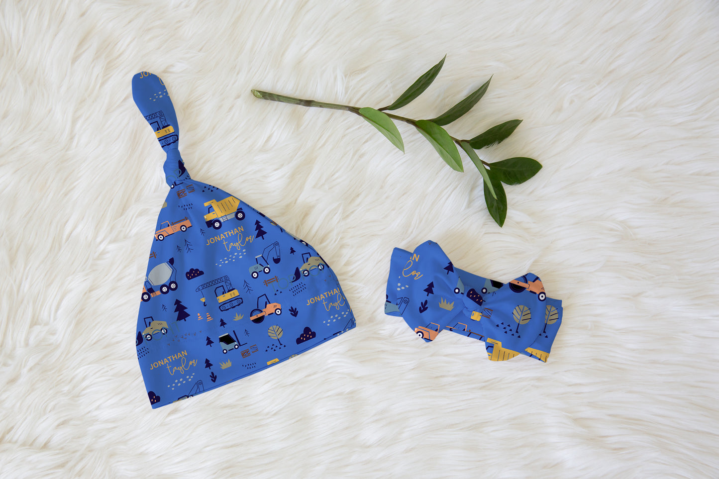 Boy Construction Personalized Name Knotted Newborn Hat & Bow Headband