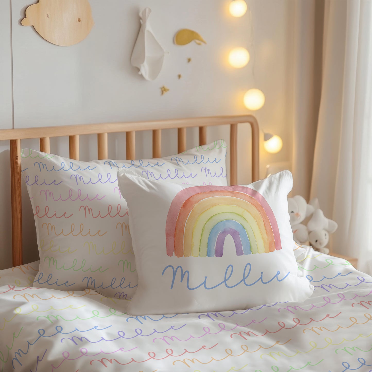 Rainbow Pastels Doodle Font Build Your Own Personalized Twin Bedding Set – Sheets & Pillowcase Options