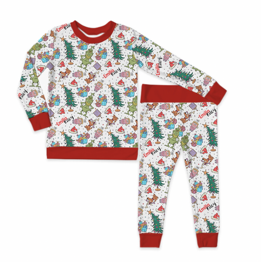 Mean But Merry Christmas Red Trim Long Sleeve Jersey Jams – Two-Piece Loungewear Set