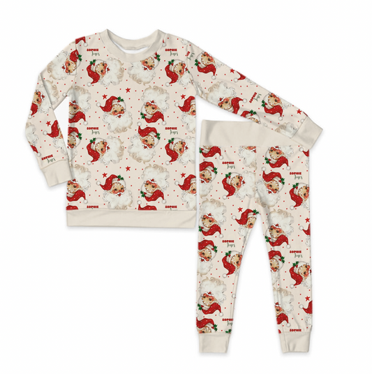 Old Saint Nick Christmas Beige Trim Long Sleeve Jersey Jams – Two-Piece Loungewear Set