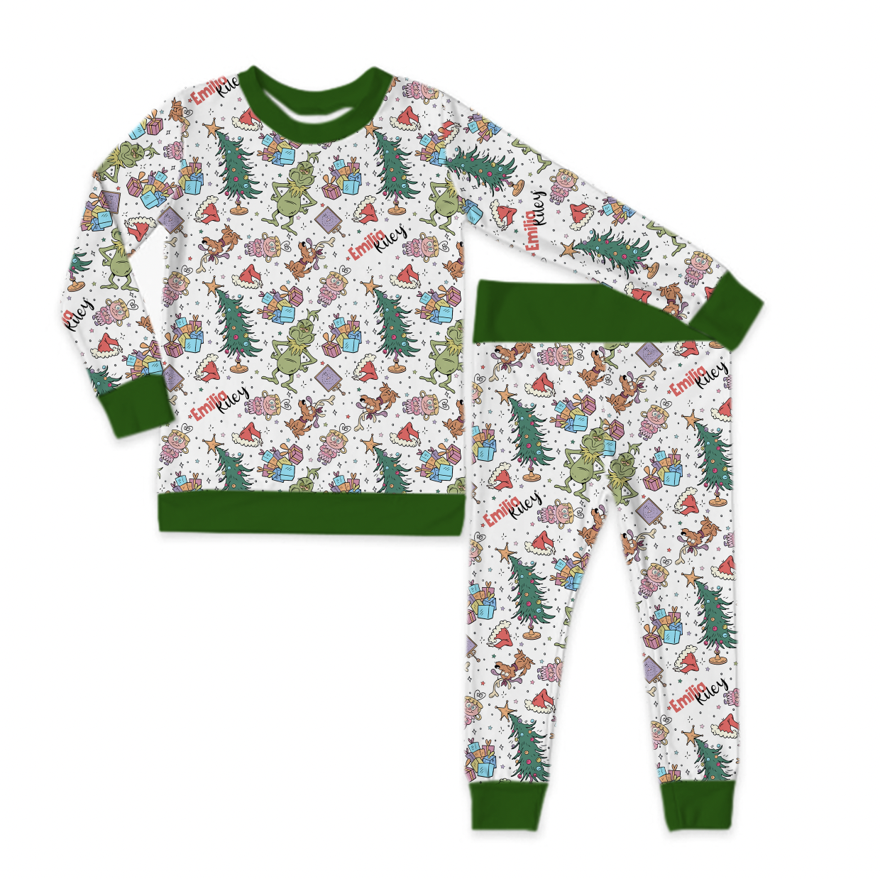 Mean But Merry Christmas Green Trim Long Sleeve Jersey Jams – Two-Piece Loungewear Set