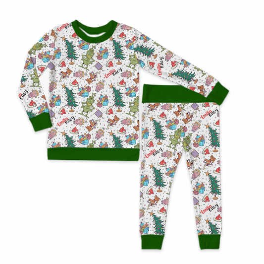 Mean But Merry Christmas Green Trim Long Sleeve Jersey Jams – Two-Piece Loungewear Set