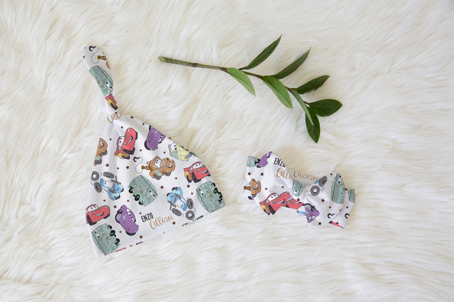 Mater & Friends Personalized Name Knotted Newborn Hat & Bow Headband