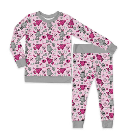 Scary Cute Halloween Long Sleeve Grey Trim Jersey Jams – Two-Piece Loungewear Set