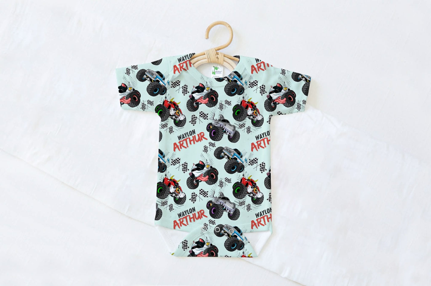 Monster Trucks Personalized Name Baby Bodysuit