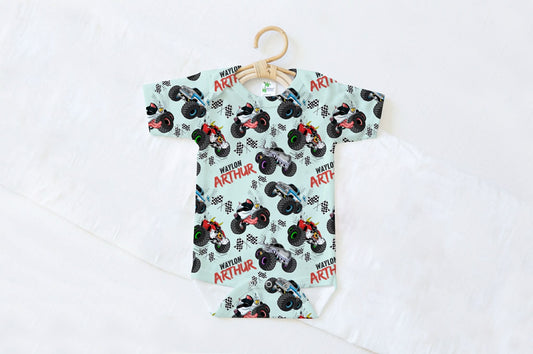 Monster Trucks Personalized Name Baby Bodysuit