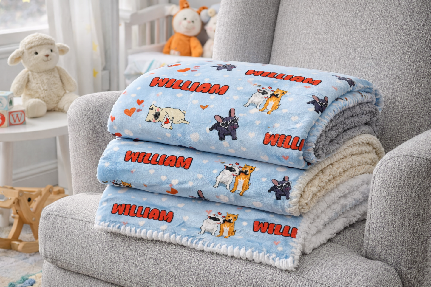 Puppy Love Blue Personalized Sherpa Blanket