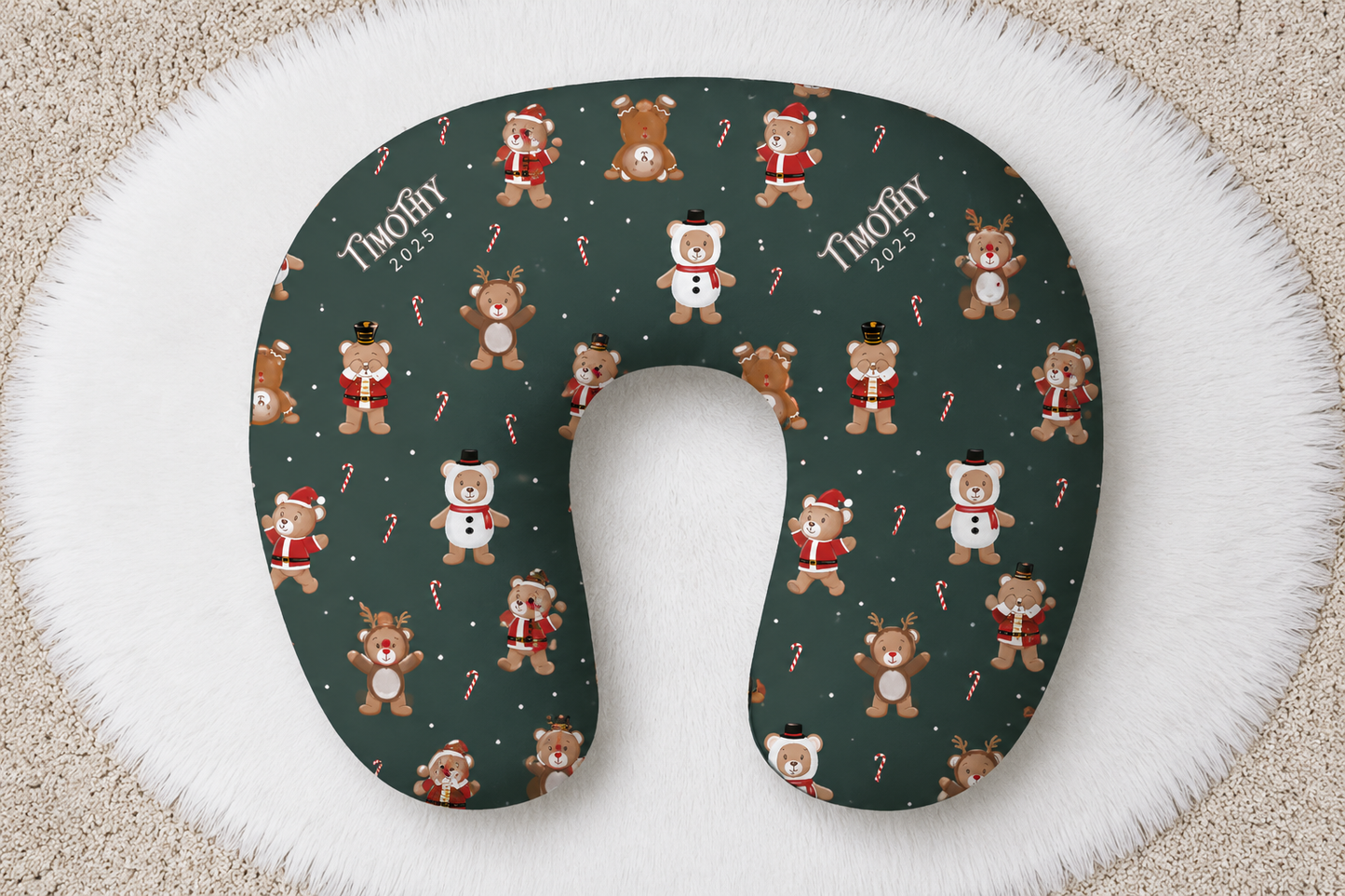 Teddy Bear Toyland Christmas Personalized Baby Name Nursing Pillow Cover