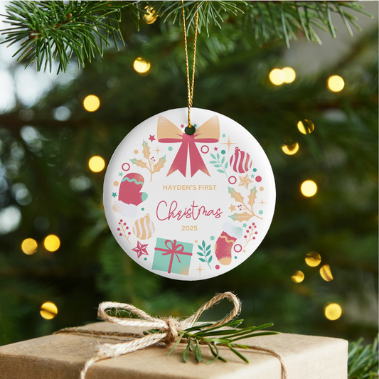 Baby's First Christmas Gifting Wreath Personalized Circle Ceramic Ornament