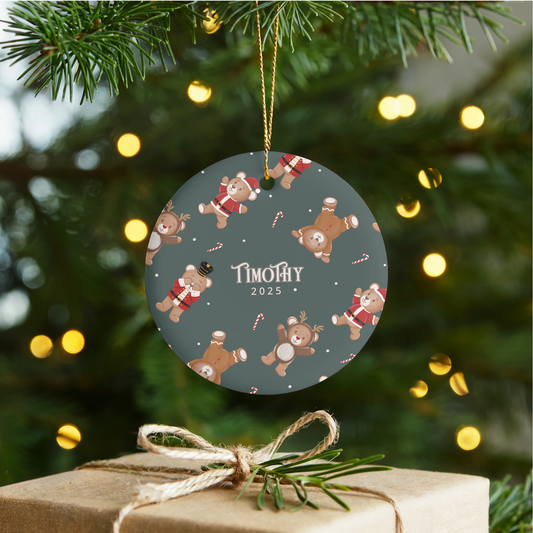 Teddy Bear Toyland Christmas Personalized Circle Ceramic Ornament
