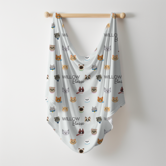 Cat Faces Personalized Name Swaddle Blanket