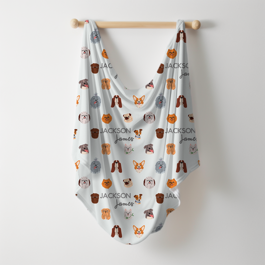 Dog Faces Personalized Name Swaddle Blanket