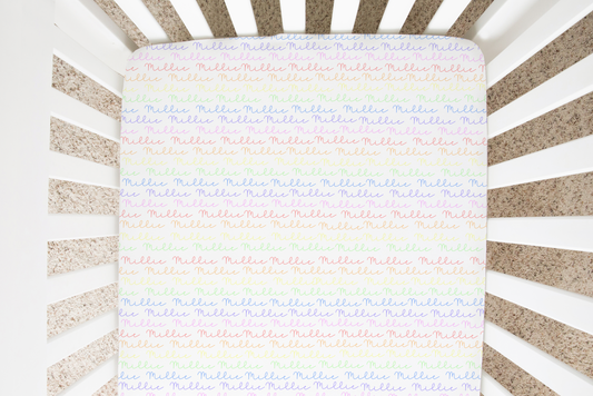 Rainbow Pastels Doodle Font Personalized Crib Sheet