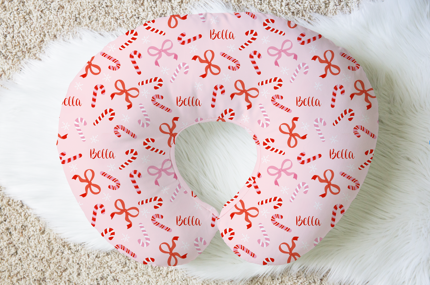 Peppermint Bows Christmas Personalized Baby Name Nursing Pillow Cover