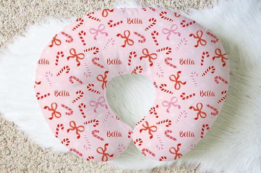 Peppermint Bows Christmas Personalized Baby Name Nursing Pillow Cover