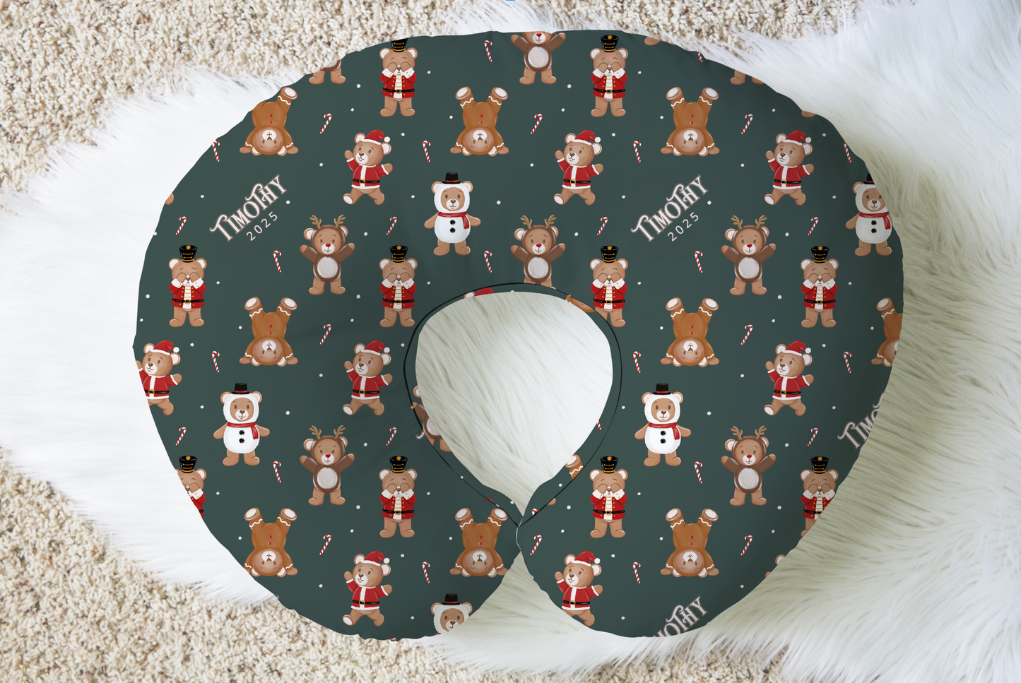 Teddy Bear Toyland Christmas Personalized Baby Name Nursing Pillow Cover