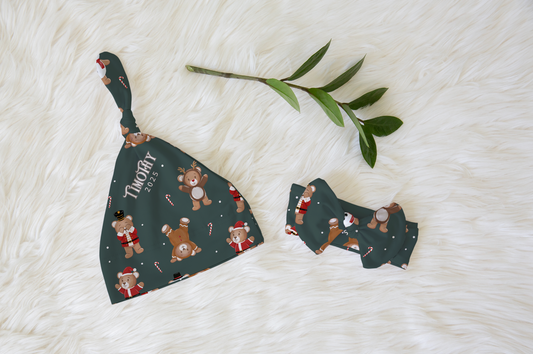 Teddy Bear Toyland Christmas Personalized Knotted Newborn Hat & Bow Headband