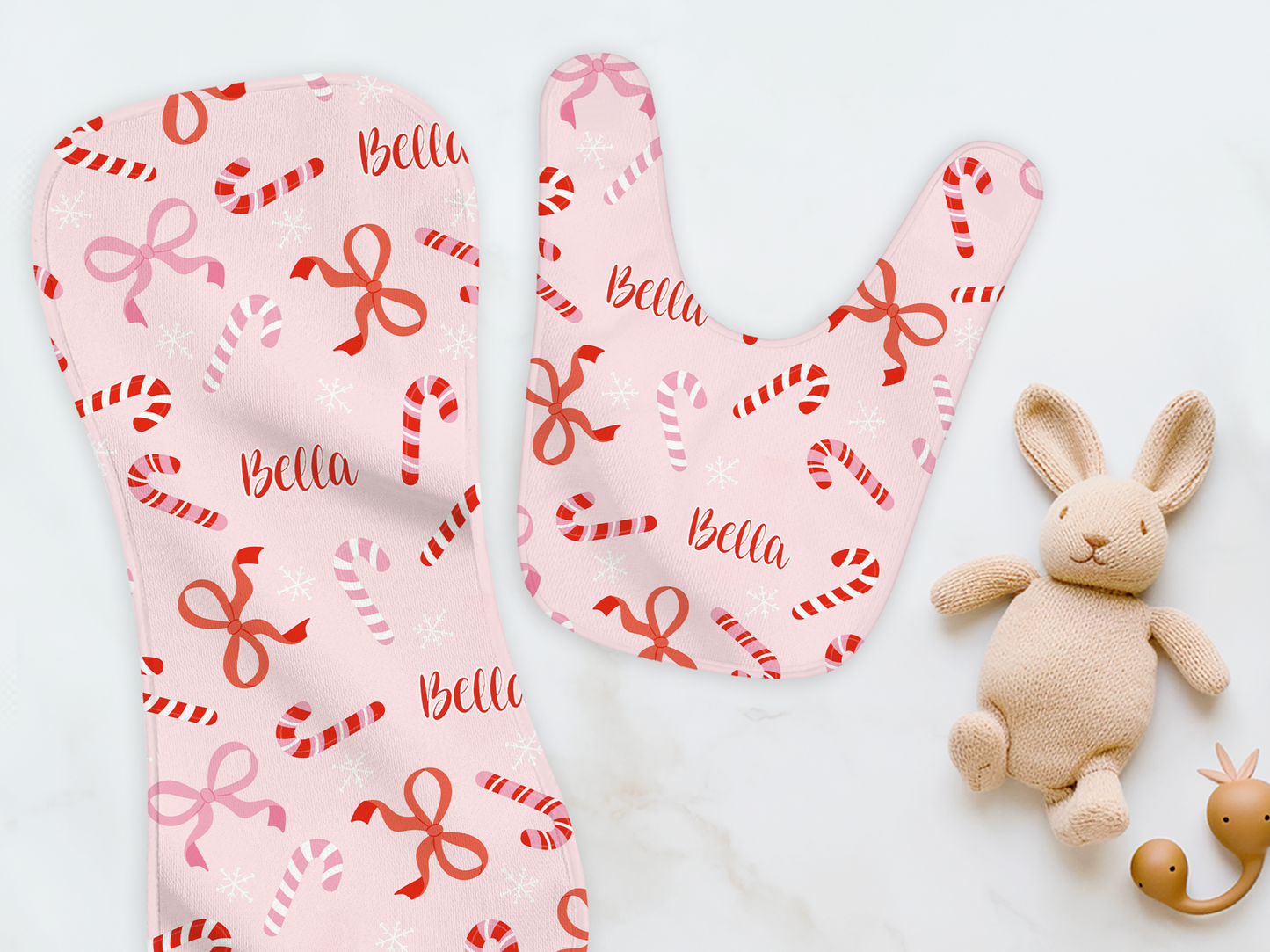 Peppermint Bows Christmas Personalized Burp Cloth & Bib