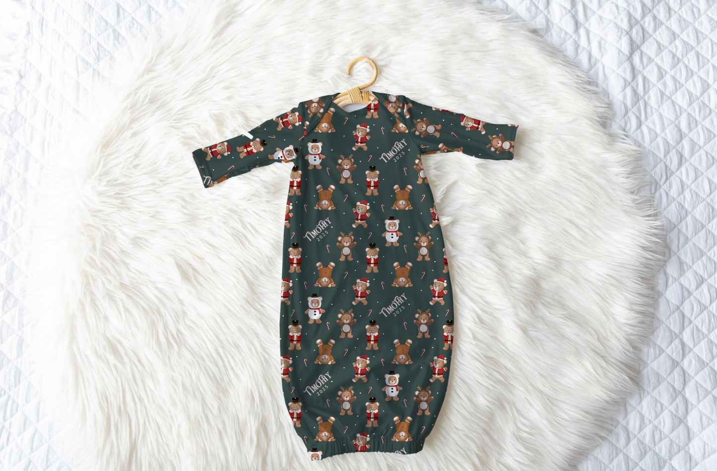 Teddy Bear Toyland Christmas Personalized Name Infant Gown